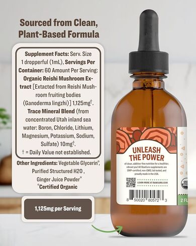 RawGuru Organic Reishi Mushroom Tincture - Reishi Mushroom Extract with Natural Trace Minerals - Nano-Processed Cognitive & Immune Support Supplement - 60 Servings of Vegan Drops per 60 ml, Pack of 1 in Saudi Arabia