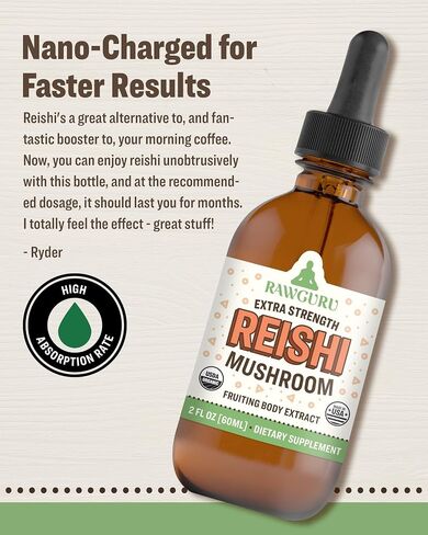 RawGuru Organic Reishi Mushroom Tincture - Reishi Mushroom Extract with Natural Trace Minerals - Nano-Processed Cognitive & Immune Support Supplement - 60 Servings of Vegan Drops per 60 ml, Pack of 1 in Saudi Arabia