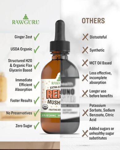 RawGuru Organic Reishi Mushroom Tincture - Reishi Mushroom Extract with Natural Trace Minerals - Nano-Processed Cognitive & Immune Support Supplement - 60 Servings of Vegan Drops per 60 ml, Pack of 1 in Saudi Arabia