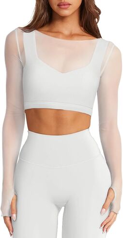 LASLULU Mesh Long Sleeve Crop Tops for Women Double Lined Workout Athletic Gym Shirts Cropped Tops with Built in Bra in Kuwait
