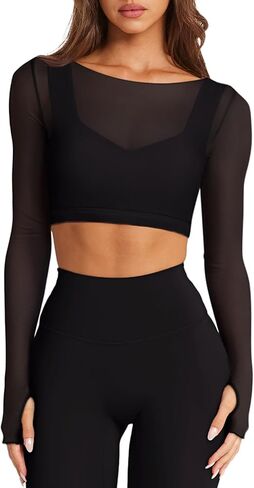 LASLULU Mesh Long Sleeve Crop Tops for Women Double Lined Workout Athletic Gym Shirts Cropped Tops with Built in Bra in Kuwait