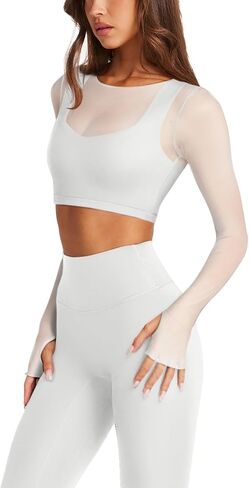 LASLULU Mesh Long Sleeve Crop Tops for Women Double Lined Workout Athletic Gym Shirts Cropped Tops with Built in Bra in Kuwait