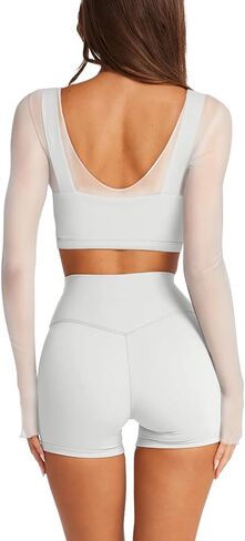 LASLULU Mesh Long Sleeve Crop Tops for Women Double Lined Workout Athletic Gym Shirts Cropped Tops with Built in Bra in Kuwait