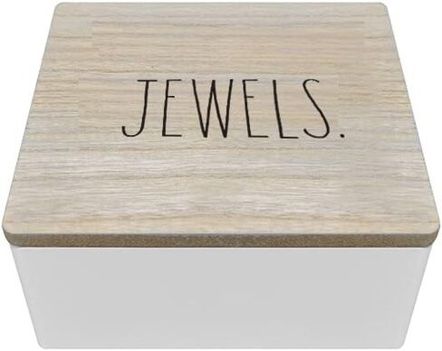 صندوق مجوهرات أبيض من Rae Dunn مع غطاء من الخشب الطبيعي - حافظة خشبية لتنظيم المجوهرات للأقراط والقلادة والخاتم والساعة والتذكار والإكسسوارات الصغيرة - ديكور غرفة النوم ومنظمات تخزين الزينة "جواهر" in Kuwait
