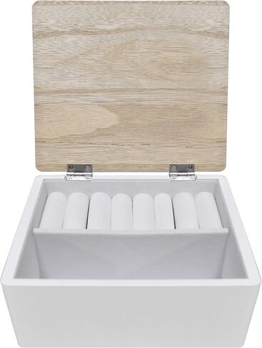 صندوق مجوهرات أبيض من Rae Dunn مع غطاء من الخشب الطبيعي - حافظة خشبية لتنظيم المجوهرات للأقراط والقلادة والخاتم والساعة والتذكار والإكسسوارات الصغيرة - ديكور غرفة النوم ومنظمات تخزين الزينة "جواهر" in Kuwait