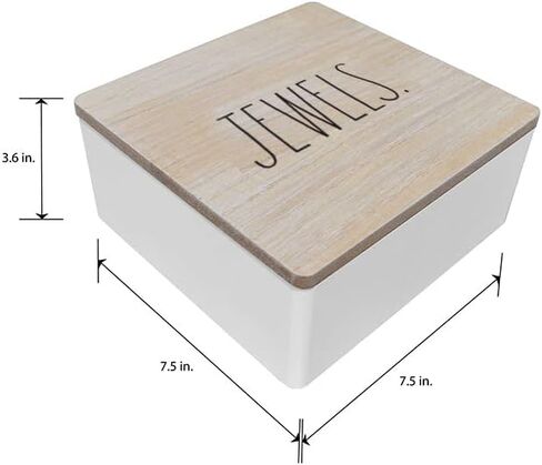 صندوق مجوهرات أبيض من Rae Dunn مع غطاء من الخشب الطبيعي - حافظة خشبية لتنظيم المجوهرات للأقراط والقلادة والخاتم والساعة والتذكار والإكسسوارات الصغيرة - ديكور غرفة النوم ومنظمات تخزين الزينة "جواهر" in Kuwait