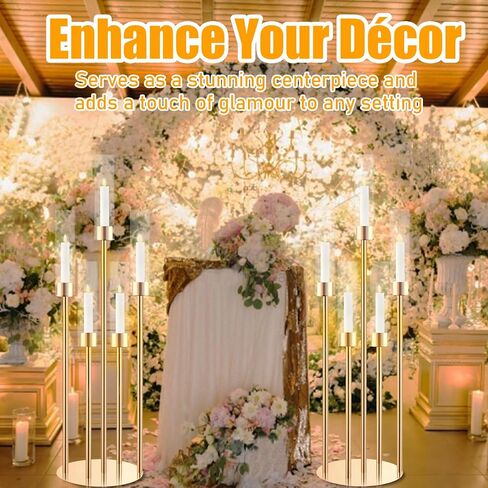 5 Arm Taper Candle Holder with Clear Acrylic Shades, Candelabra Centerpiece, Metal Candlestick Holder, Candle Stand for LED Taper Candles (1, Gold (exclude led Candles), 33.5'' x 7.87'') in Saudi Arabia