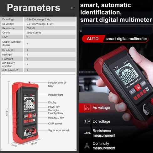 XIRUJNFD Smart Digital Multimeter, Ht123 Smart Digital Multimeter, Tm-510 4000 Counts Smart Digital Multimeter HT123 Automatic Digital Multimeter, Voltage Tester with Non-Contact Voltage for AC/DC (1) in Saudi Arabia