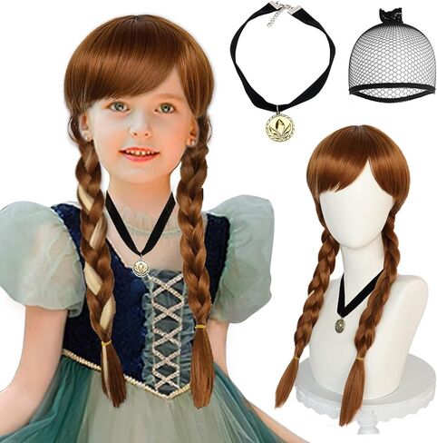 ANOGOL Wig Cap+ Brown Wig for Princess Long Braided Wig with Bangs Straight Cosplay Wig for Kids Women Girls Party Halloween Costume Wig in Kuwait