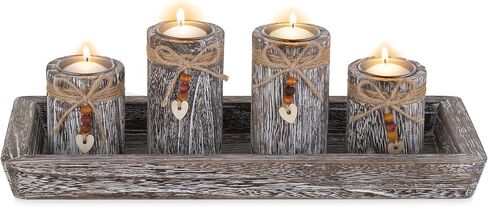 Farmhouse Coffee Table Decor Candle Holder - Romadedi Boho Wooden Tray with 4 Tealight Candles Holders for Tables Centerpiece Home Decorations Living Room Fireplace Whitewashed in Saudi Arabia