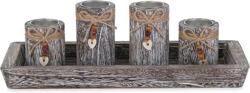 Farmhouse Coffee Table Decor Candle Holder - Romadedi Boho Wooden Tray with 4 Tealight Candles Holders for Tables Centerpiece Home Decorations Living Room Fireplace Whitewashed in Saudi Arabia