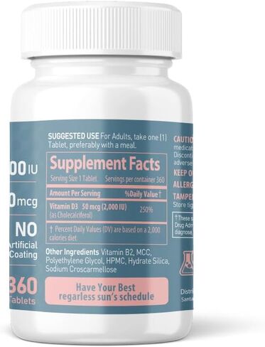 Vitamin D3 2000iu (50 mcg) - Bones, Teeth, Muscle Health and Immune Support Supplement - 180 Tablets, 180 Day Supply in Kuwait