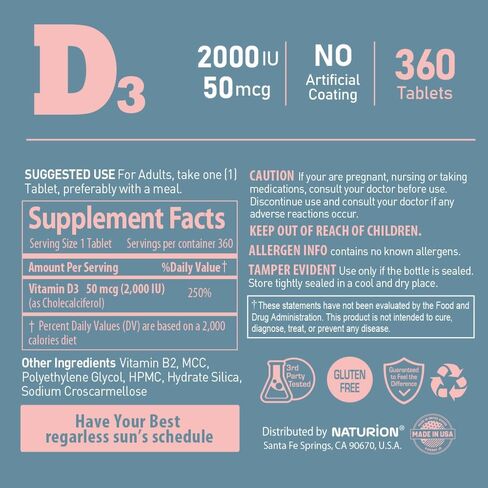 Vitamin D3 2000iu (50 mcg) - Bones, Teeth, Muscle Health and Immune Support Supplement - 180 Tablets, 180 Day Supply in Kuwait