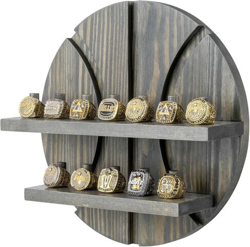 MyGift 2 Tier Wall Mounted Rustic Burnt Solid Wood Sports Championship Ring Holder with Basketball Cutout Backing, Jewelry Storage Display with 12 Pegs in Kuwait