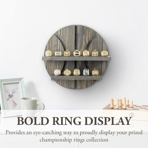 MyGift 2 Tier Wall Mounted Rustic Burnt Solid Wood Sports Championship Ring Holder with Basketball Cutout Backing, Jewelry Storage Display with 12 Pegs in Kuwait