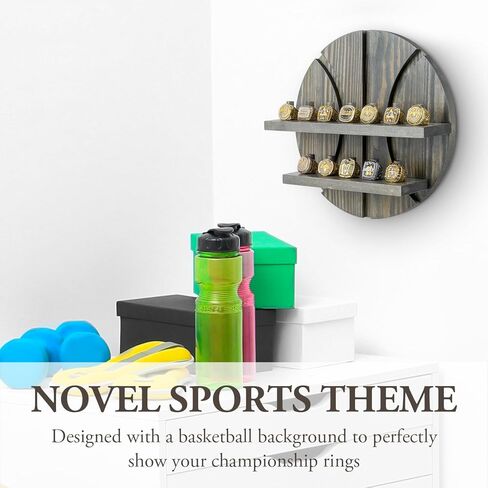 MyGift 2 Tier Wall Mounted Rustic Burnt Solid Wood Sports Championship Ring Holder with Basketball Cutout Backing, Jewelry Storage Display with 12 Pegs in Kuwait