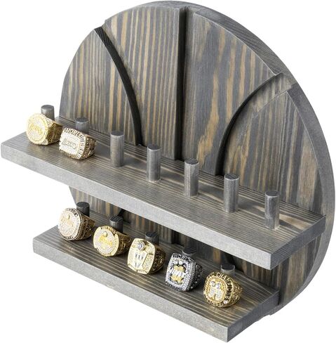 MyGift 2 Tier Wall Mounted Rustic Burnt Solid Wood Sports Championship Ring Holder with Basketball Cutout Backing, Jewelry Storage Display with 12 Pegs in Kuwait