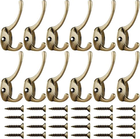 IBosins 12 Pack Antique Brass Coat Hooks Wall Mounted with 24 Screws Retro Double Hooks Utility Antique Brass Hooks for Coat, Scarf, Bag, Towel, Key, Cap, Cup, Hat in Saudi Arabia