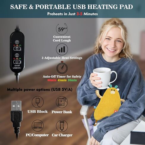 وسادة تسخين لتشنجات الدورة الشهرية وتخفيف آلام الدورة الشهرية، وسادة حرارية USB محمولة لكتف الرقبة الخلفية، التدفئة الكهربائية والعلاج الحراري ببذور الكتان، هدية للنساء الأمهات المراهقات (زرافة صفراء USB) in Saudi Arabia