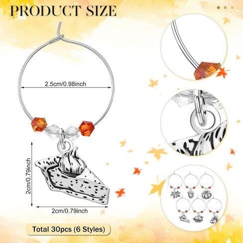 Set of 30 Thanksgiving Wine Charms Fall Handmade Wine Glass Charms Thanksgiving Drink Markers Turkey Pumpkin Maple Leaf Cheese Wine Identifier Accessories for Thanksgiving Party Table Supplies Gift in Saudi Arabia