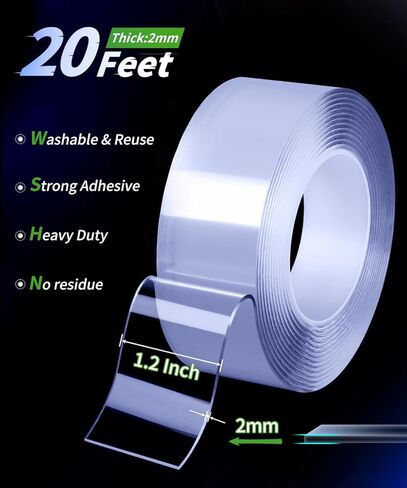 Double Sided Tape Strong Adhesive, Super Stick Large Tape Heavy Duty Mounting (20Ft x 1.2In), No Damage Wall Adhesive Clear Removable, Magic Nano Decor Poster Tape in Kuwait