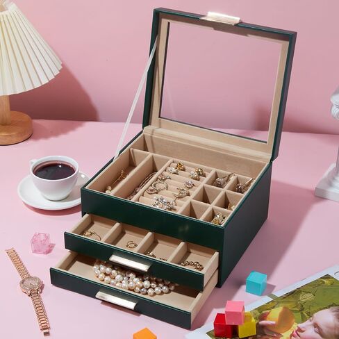 3 -Layer Jewelry Box with Glass Lid, 2 Drawers Jewelry Organizer for Big and Small Jewelry Storage, Gifts for Women, Girls, Mom, Birthday (Black) in Saudi Arabia