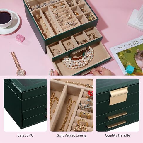 3 -Layer Jewelry Box with Glass Lid, 2 Drawers Jewelry Organizer for Big and Small Jewelry Storage, Gifts for Women, Girls, Mom, Birthday (Black) in Saudi Arabia