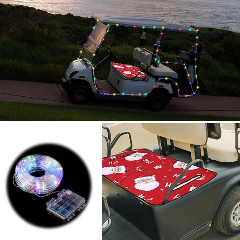 2 Pcs Christmas Golf Cart Decorations Christmas Golf Cart Seat Covers with Golf Cart Battery Operated String Lights Santa Blanket Golf Cart Accessories for Christmas Golf Cart Decorations in Saudi Arabia