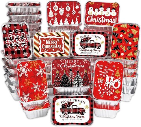36PCS Christmas Aluminum Food Containers with Lids 9 Styles Merry Christmas Foil Leftover Containers Disposable Cookie Tins Storage Pans for Winter Holiday Gift Giving Party Supplies (Style A) in Kuwait