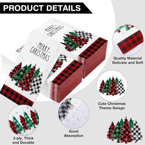 100 Pieces Christmas Napkins Bulk Holiday Disposable Paper Guest Hand Towel Christmas Tree Cocktail Napkins Merry Christmas Hand Napkins for Home Winter Kitchen Xmas Party (Bright Plaid) in Saudi Arabia