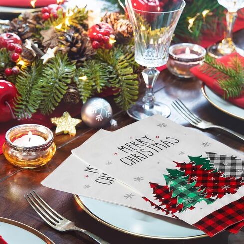 100 Pieces Christmas Napkins Bulk Holiday Disposable Paper Guest Hand Towel Christmas Tree Cocktail Napkins Merry Christmas Hand Napkins for Home Winter Kitchen Xmas Party (Bright Plaid) in Saudi Arabia