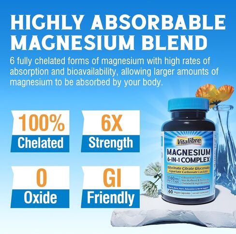 Magnesium Complex 1160mg, Magnesium Glycinate, Citrate, Aspartate, Gluconate, Carbonate, & Lactate, Chelate, Max Absorption, Sleep, Calm & Muscle, 60 Caps (No Magnesium Oxide) in Saudi Arabia