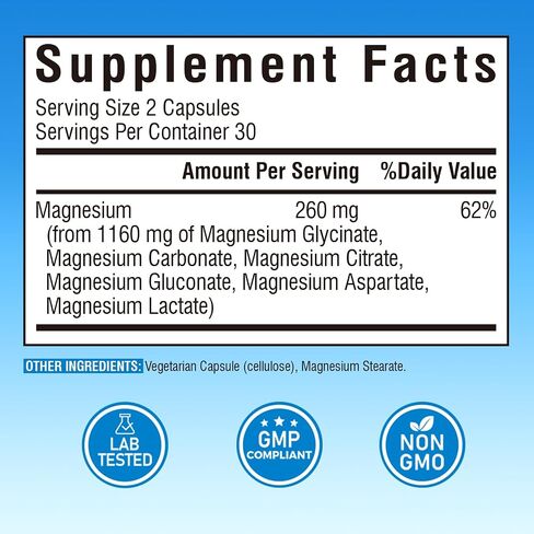 Magnesium Complex 1160mg, Magnesium Glycinate, Citrate, Aspartate, Gluconate, Carbonate, & Lactate, Chelate, Max Absorption, Sleep, Calm & Muscle, 60 Caps (No Magnesium Oxide) in Saudi Arabia