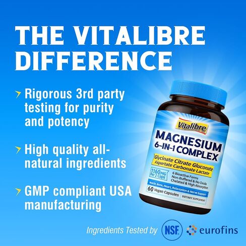 Magnesium Complex 1160mg, Magnesium Glycinate, Citrate, Aspartate, Gluconate, Carbonate, & Lactate, Chelate, Max Absorption, Sleep, Calm & Muscle, 60 Caps (No Magnesium Oxide) in Saudi Arabia