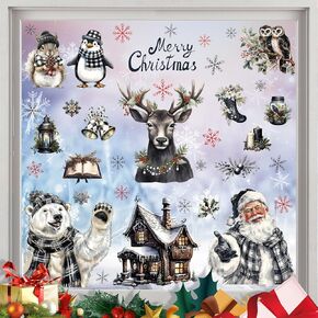 Konsait 9 Sheets Christmas Window Clings for Glass Windows, White and Black Santa Snowman Reindeer Snowflake Christmas Window Decals, Holiday Christmas Window Decorations for Home Office