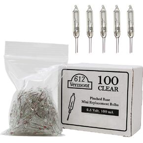 612 Vermont 2.5V Clear Mini Christmas Replacement Bulbs for Christmas Trees and Incandescent String Lights, Pinched Base, 100 Count (0.42 Watt, 170 mA)