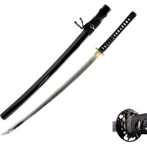 HMS Unsharpened Iaito Trainging Katana Sword, Handmade, Aluminium Alloy Blade, Full Tang, Brass Fittings, Alloy Bamboo Design Tsuba, Black Scabbard