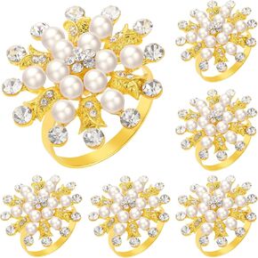 6Pcs Golden Snowflake Christmas Napkin Ring for Table Setting,Round Metal Serviette Buckle with Pearl Rhinestone Decor,Valentine Pearl Napkin Holder Ring Compatible with Various Napkin Cloth