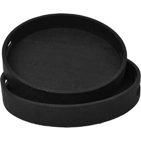 Set 0f 2 Round Shagreen Serving Tray Set, Ivory Wood with PU Leather Decor, Ideal for Coffee Tables, Ottomans, and Console Tables
