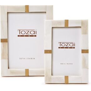 Two's Company Royale Set of 2 Bone and Brass Photo Frame, Includes 2 Sizes: 4x6 and 5x7 Inches, MDF and Glass, Home Decor Accessories