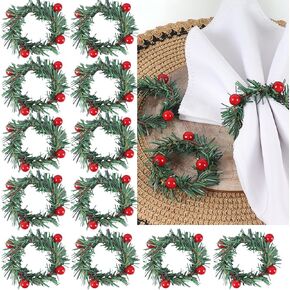 12 Pieces Christmas Napkin Rings Needles Wreath Pines Red Berries Live-Like Handmade Candle Ring Wreaths Holder Serviette Buckle for Gathering Xmas Wedding Thanksgiving Valentine's Birthday Party
