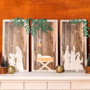Soaoo 3 Pcs Christmas wooden nativity scene wall decorations Farmhouse christian christmas Ornaments Rustic jesus nativity wall decor for Shelves Tables Xmas Decorations Indoor(Classic Color)