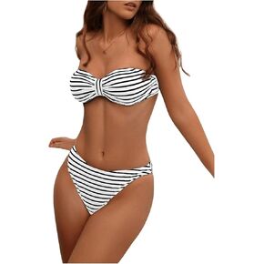MakeMeChic Women's 2 Piece Bandeau Swimsuits Striped Knot Ribbed High Cut Bikini Set Bathing Suit