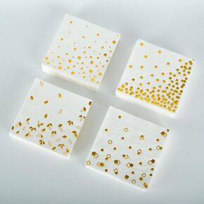 200PCS Foil Gold Napkins, LUNARUBBY Disposable White and Gold Party Paper Napkins, 4 Assorted Designs, Cocktail Napkins, Party Table Decorations, 10 * 10inch