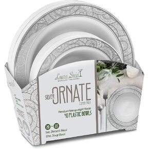 Laura Stein Party Ornate series Set of Elegant Disposable Dinnerware Combo Set White Plates & Bowls With Gold Border for Birthdays, Weddings, (1 Combo Pack, 40 Plates (20 Sets), White & Gold)