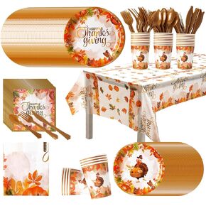 Dereinwo 169 Pcs Fall Thanksgiving Paper Plates Napkins Thanksgiving Party Supplies Disposable Turkeys Pumpkin Party Tableware Set Autumn Maple Party Decorations for Fall Theme Party ,Serves 24