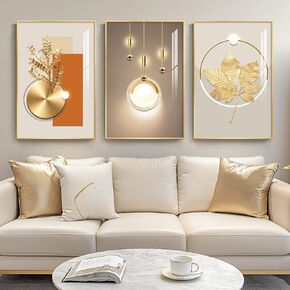 Framed Modern Luxury Gold Wall Art, Set of 3 Piece Contemporary Paintings Artwork for Walls, Golden Prints Pictures with Gold Frame, Wall Decor for Living Room, Hallway, Bedroom, Office 16x24 Inch