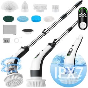 Electric Spin Scrubber with LED Display, IPX7 Waterproof Powerful Shower Scrubber, 2H Runtime, 2 Speeds, Adjustable Handle, 8 Brush Heads for Bathtub Tile Car-Grey and White