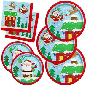 Christmas Party Supplies - Christmas Santa-Themed Disposable Paper Plates and Napkins - Perfect Merry Christmas Party Decorations，Serve 50