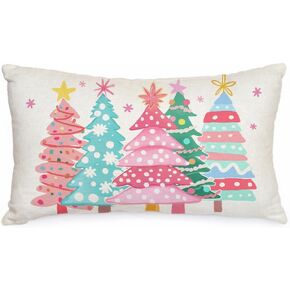 AACORS Christmas Pillow Cover 12X20 Inch Watercolor Christmas Tree Stars Decoration Holiday Farmhouse Winter Pillow Case for Sofa Couch Decor（Pink） AA615-12